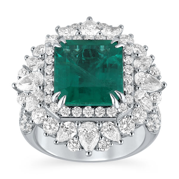 Emerald Octagon-Cut Ring with Diamonds in White Gold